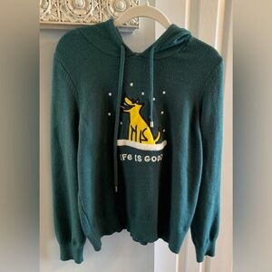 LIFE IS GOOD Green Hooded Knit Full Zip Sweater-Winter Dog Applique - Medium